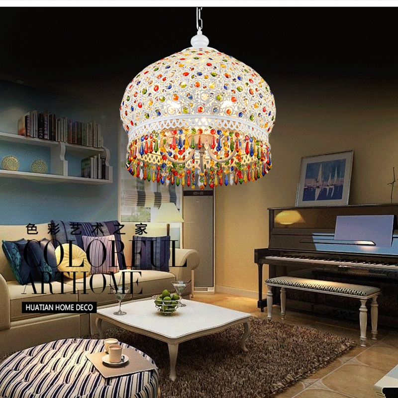 bohemian mediterranean colorful crystal ceiling drop light pendant lamp lampshade lighting fixture room restaurant cafe decor