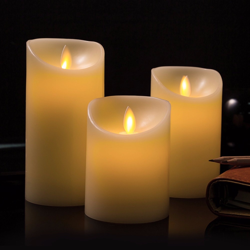 set of 3pcs 3" moving wick dancing flame paraffin wax pillar led candle light set for christmas wedding party home decor, rc