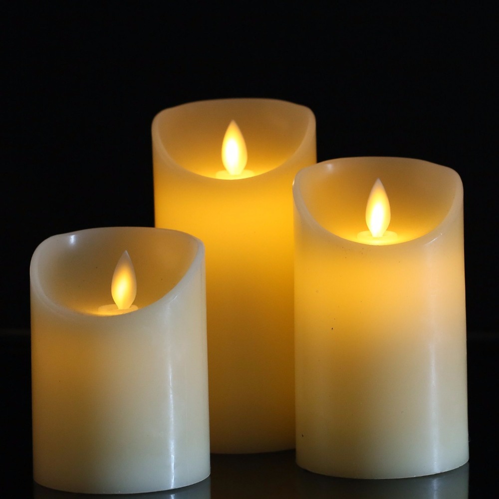 set of 3pcs 3" moving wick dancing flame paraffin wax pillar led candle light set for christmas wedding party home decor, rc