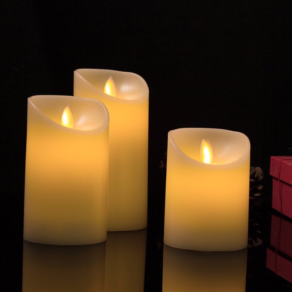 set of 3pcs 3" moving wick dancing flame paraffin wax pillar led candle light set for christmas wedding party home decor, rc