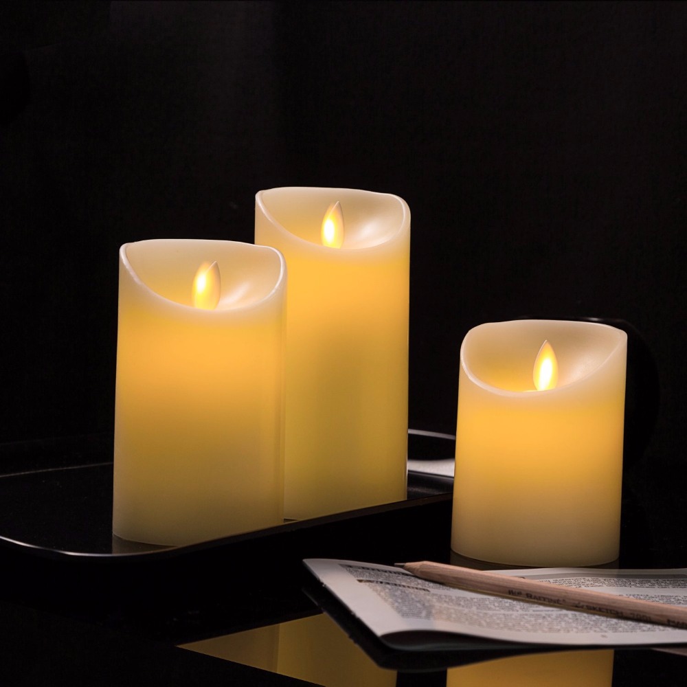 set of 3pcs 3" moving wick dancing flame paraffin wax pillar led candle light set for christmas wedding party home decor, rc