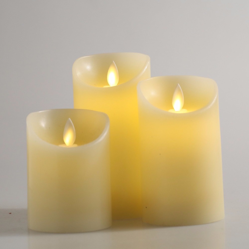 set of 3pcs 3" moving wick dancing flame paraffin wax pillar led candle light set for christmas wedding party home decor, rc