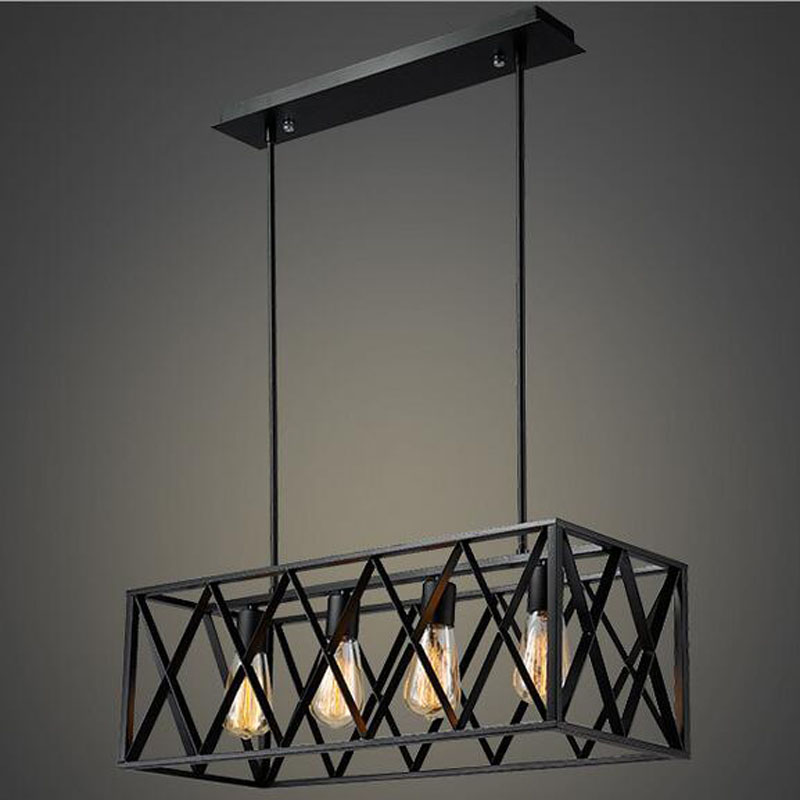 zx american retro wrought iron frame pendant lamp edison e27 black rectangle industrial 4/6 lights bar restaurant hanging lamp