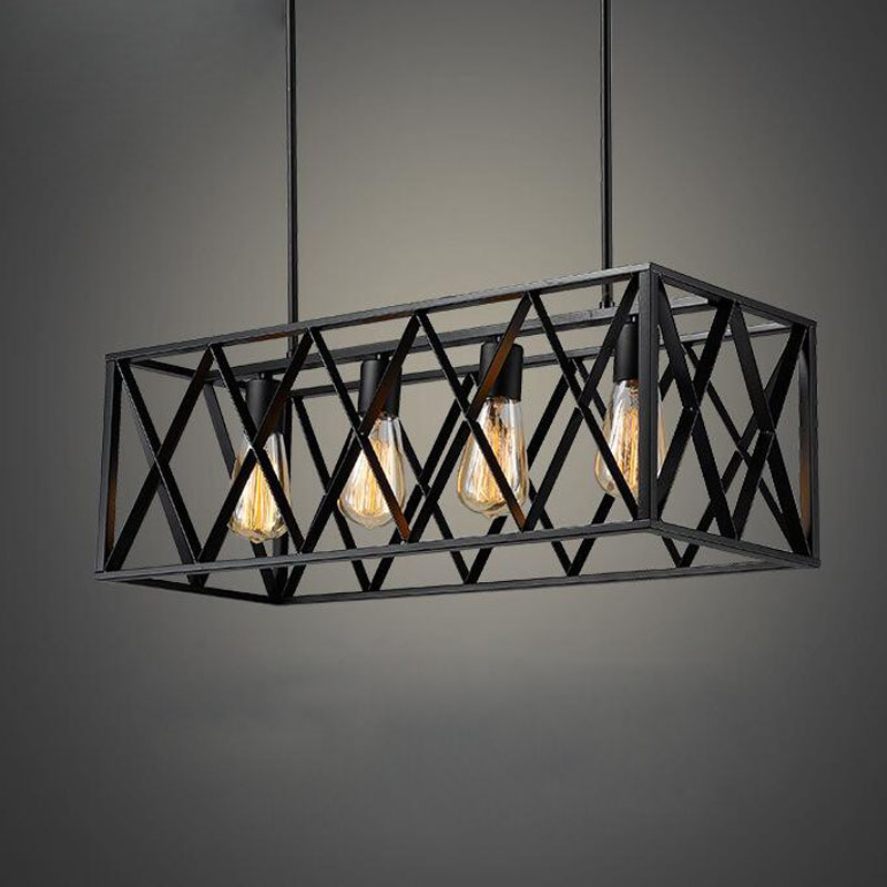 zx american retro wrought iron frame pendant lamp edison e27 black rectangle industrial 4/6 lights bar restaurant hanging lamp