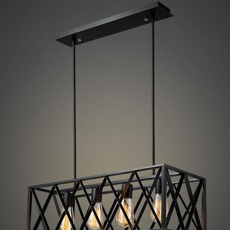 zx american retro wrought iron frame pendant lamp edison e27 black rectangle industrial 4/6 lights bar restaurant hanging lamp