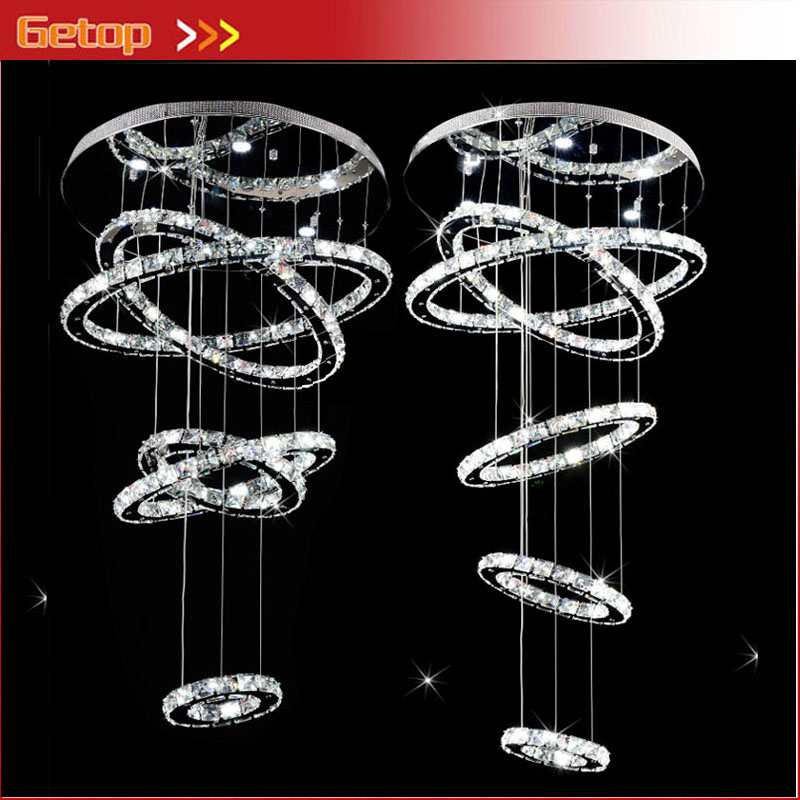 zx creative crystal led pendant lamp luxury 5/6 rings diy droplight villa living room stairs lamp foyer hanging lighting fixture