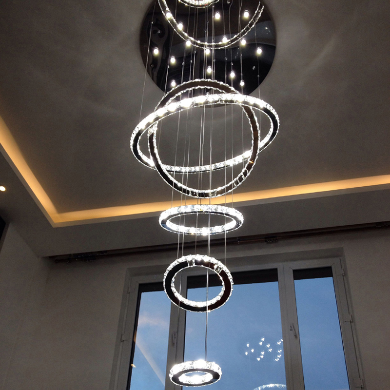 zx creative crystal led pendant lamp luxury 5/6 rings diy droplight villa living room stairs lamp foyer hanging lighting fixture