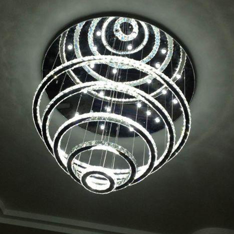 zx creative crystal led pendant lamp luxury 5/6 rings diy droplight villa living room stairs lamp foyer hanging lighting fixture