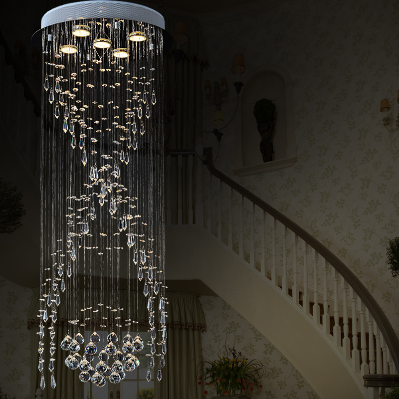 zx luxury spiral stairs crystal chandelier circular led villa living room long ceiling lamp modern concise crystal hanging light