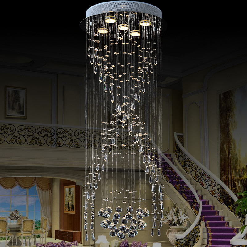 zx luxury spiral stairs crystal chandelier circular led villa living room long ceiling lamp modern concise crystal hanging light