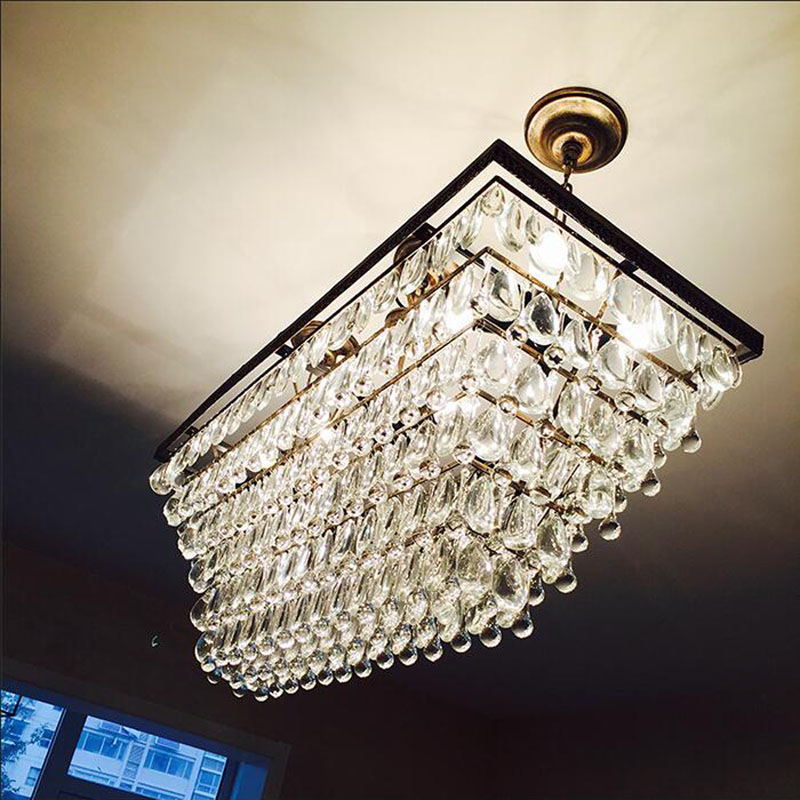 zx waterdrop crystal chain led chandelier american retro rectangle e14 bulbs restaurant sitting room lamp