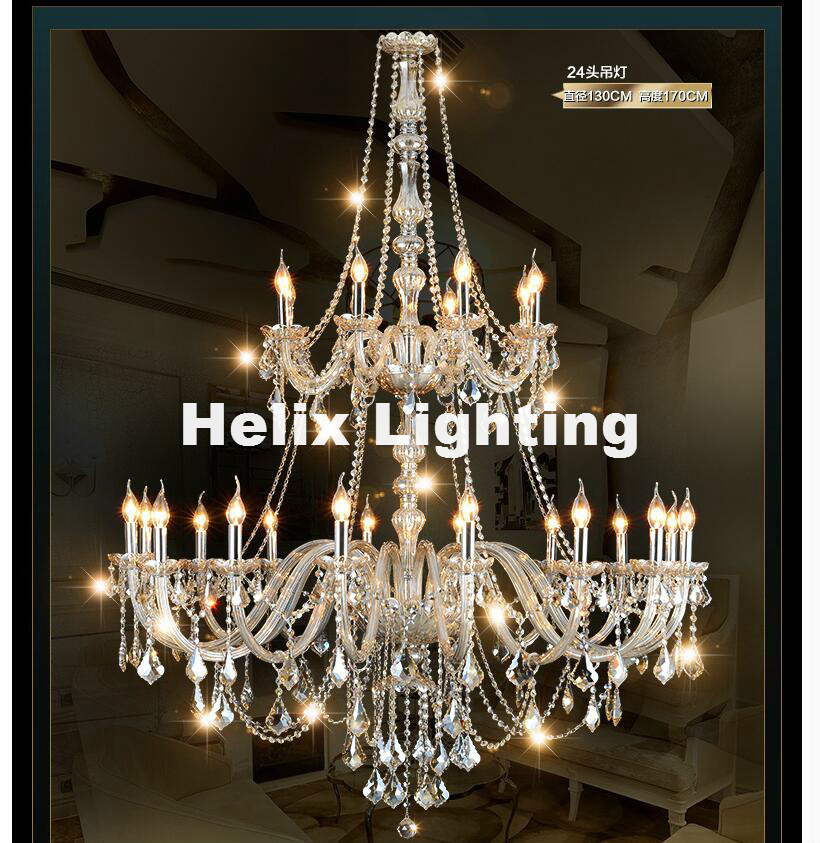 24 arm luxury double layers crystal chandelier lamp d130cm h170cm e14 top k9 champagne crystal el hall lighting