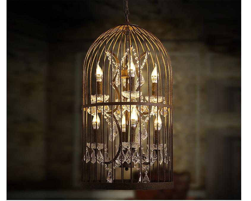 d35cm nordic birdcage crystal pendant lights iron cage home decor american vintage lamp retro lamparas colgantes