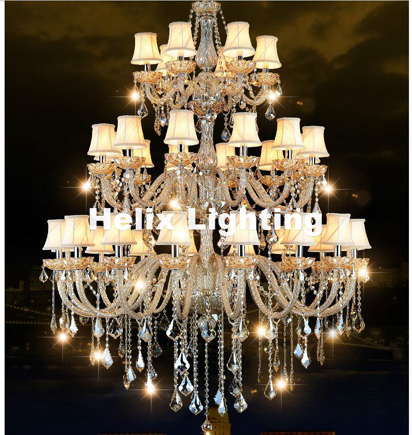 new arrival 34 arms luxury three layers crystal chandelier lamp d130cm h165cm e14 top k9 champagne crystal el hall lighting