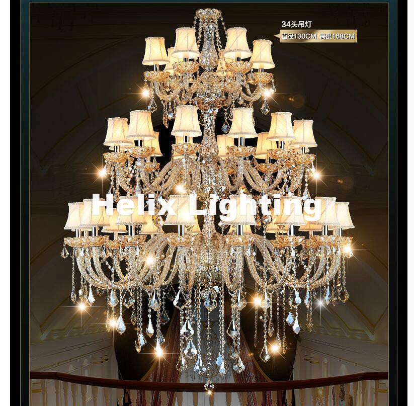 new arrival 34 arms luxury three layers crystal chandelier lamp d130cm h165cm e14 top k9 champagne crystal el hall lighting