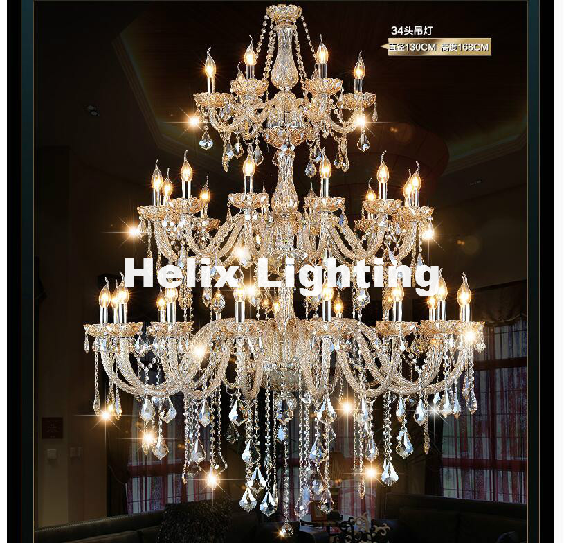 new arrival 34 arms luxury three layers crystal chandelier lamp d130cm h165cm e14 top k9 champagne crystal el hall lighting