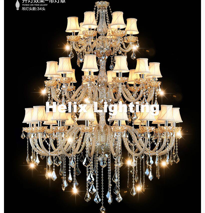 new arrival 34 arms luxury three layers crystal chandelier lamp d130cm h165cm e14 top k9 champagne crystal el hall lighting