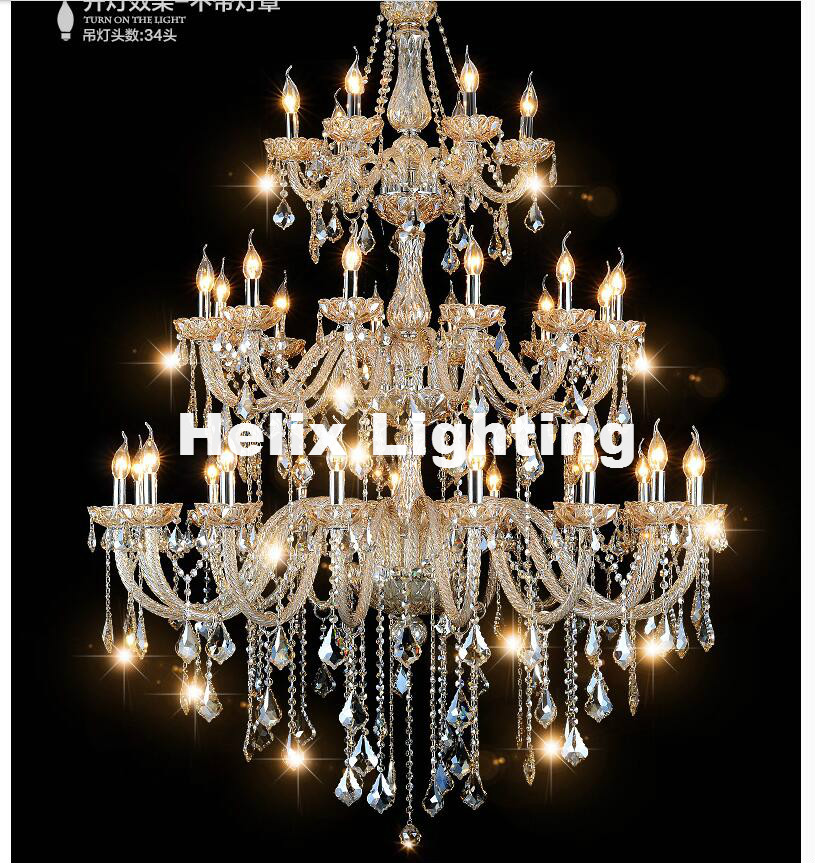 new arrival 34 arms luxury three layers crystal chandelier lamp d130cm h165cm e14 top k9 champagne crystal el hall lighting