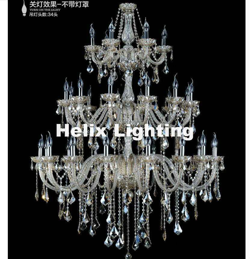 new arrival 34 arms luxury three layers crystal chandelier lamp d130cm h165cm e14 top k9 champagne crystal el hall lighting