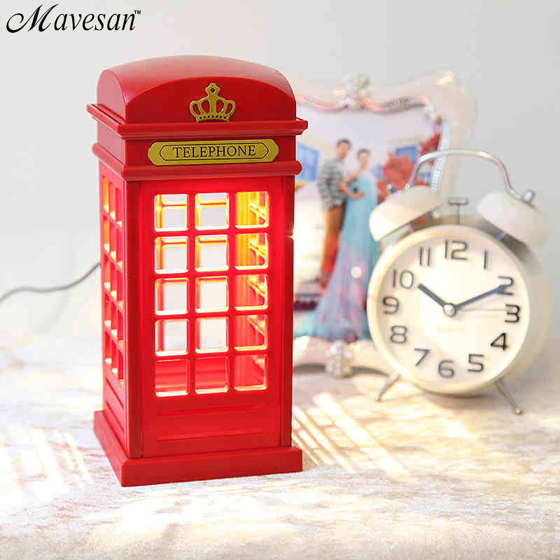 retro london telephone booth night light usb battery dual-usb led bedside table lamp luminarias