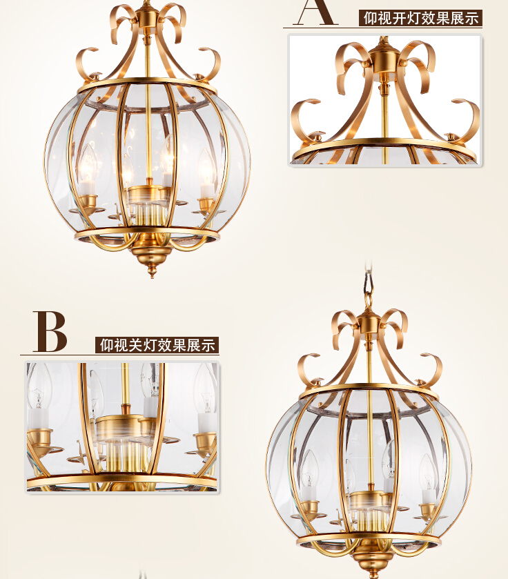 4l d380mm h550mm 40w brass pendant lamp, 4lights, vintage total copper glass ac110v/220v