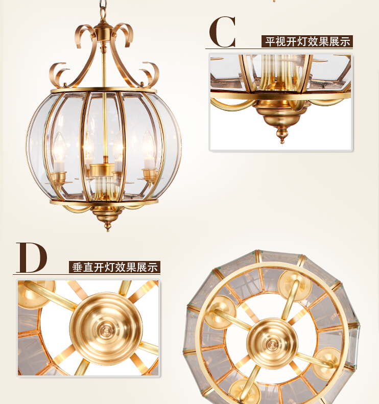 4l d380mm h550mm 40w brass pendant lamp, 4lights, vintage total copper glass ac110v/220v