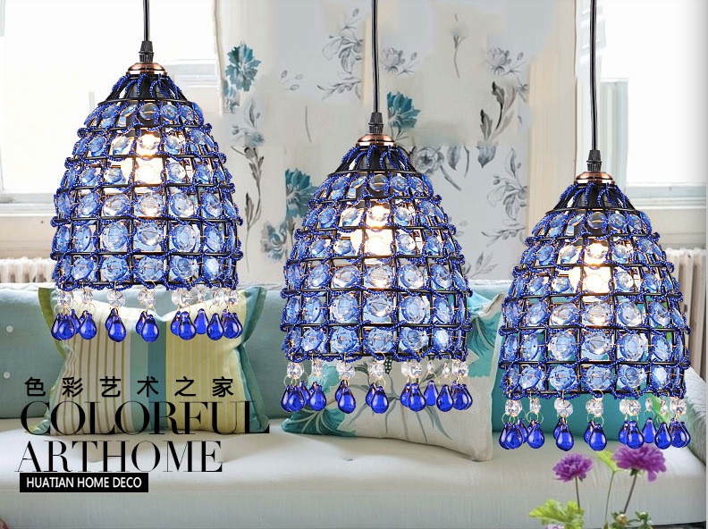 blue crystal pendant lamps lighting fixtures, 1l/3l bohemian style iron ceiling pendant lamps,ac110-240v