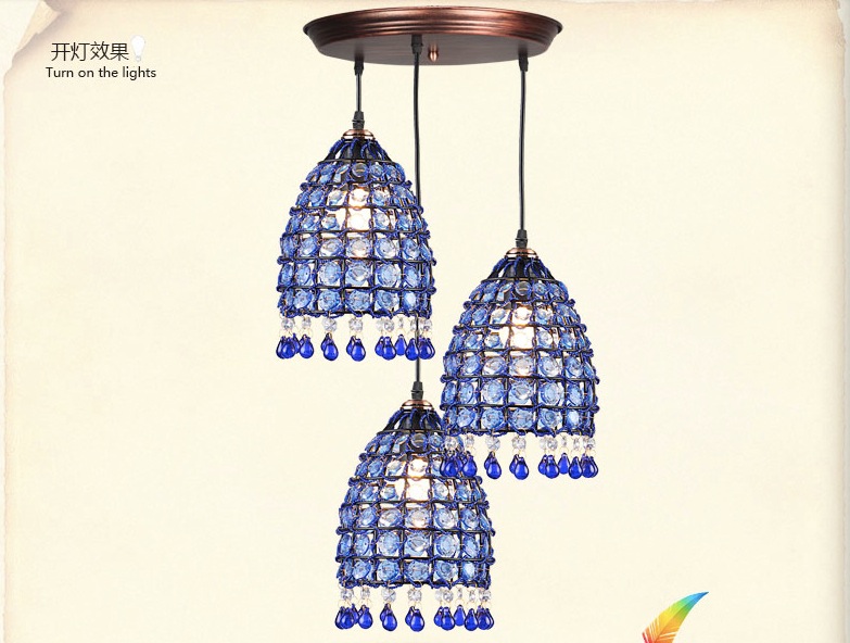 blue crystal pendant lamps lighting fixtures, 1l/3l bohemian style iron ceiling pendant lamps,ac110-240v