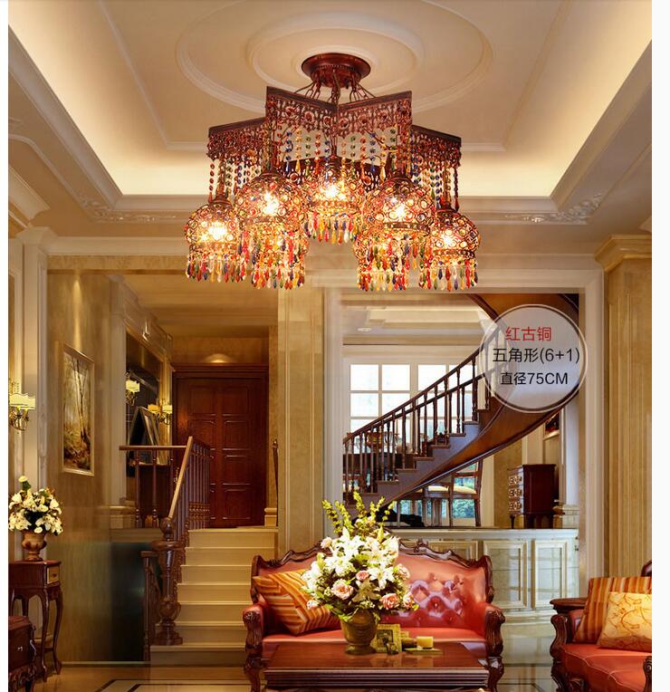 d50cm antique red crystal pendant lamps lighting, bohemian iron bar pendant light colorful crystal pendant light