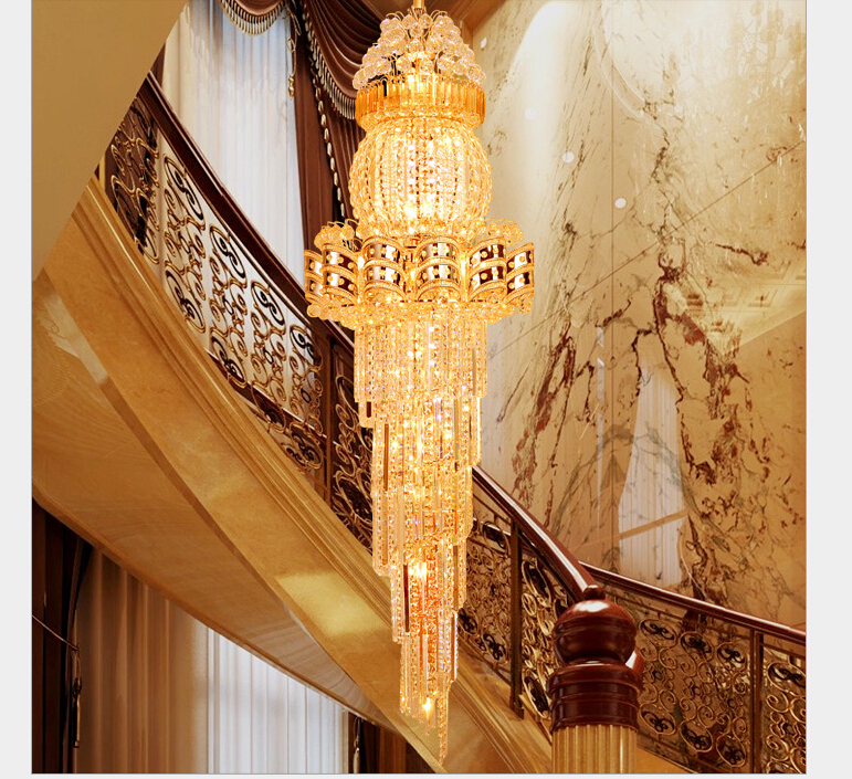 d550mm h1800mm s gold luxury crystal chandelier k9 crystal for el lobby double floor crystal e14*28 led lamp