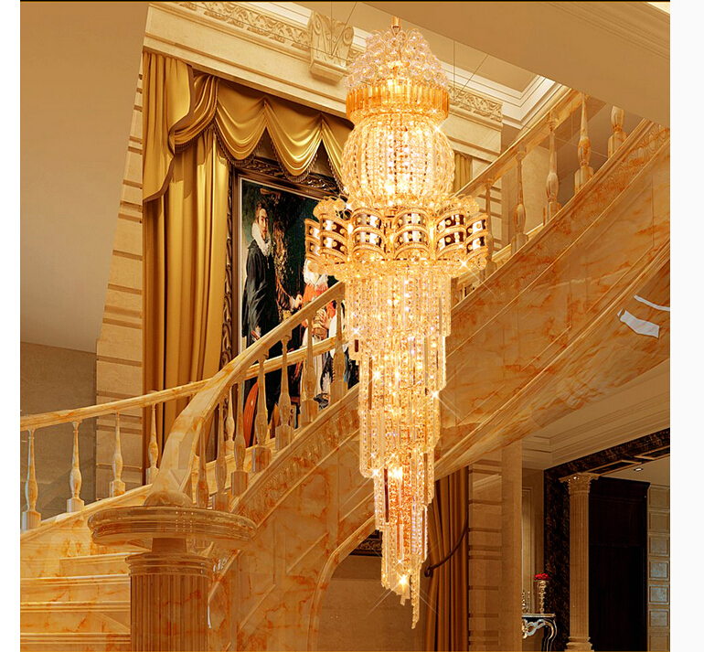 d550mm h1800mm s gold luxury crystal chandelier k9 crystal for el lobby double floor crystal e14*28 led lamp