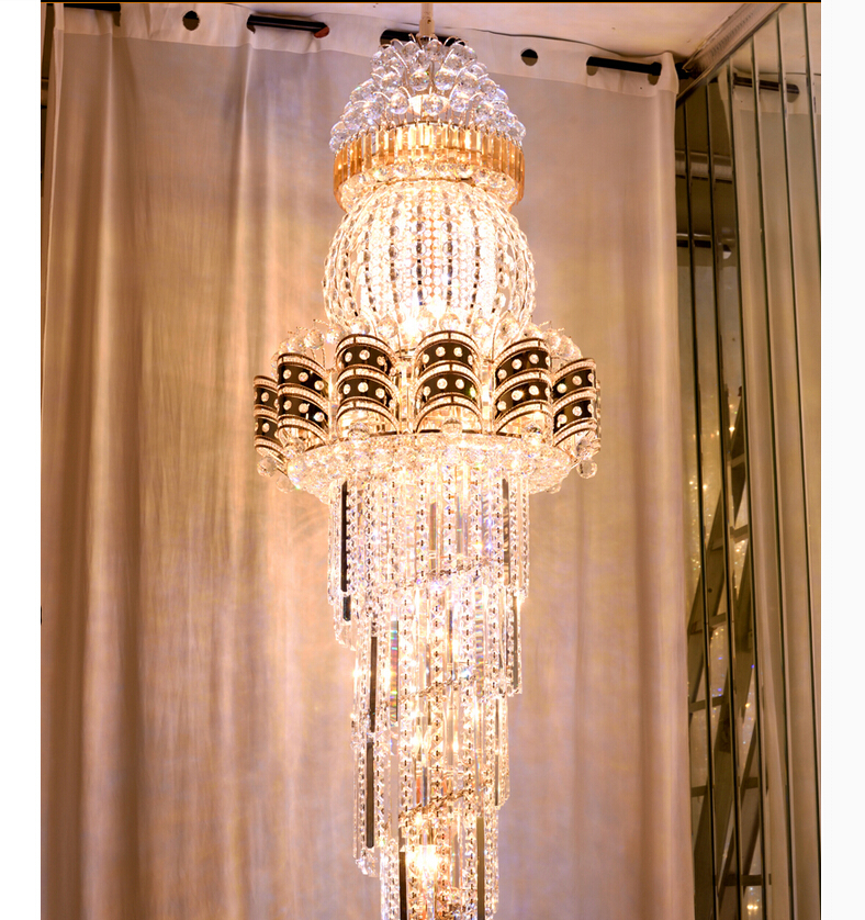 d550mm h1800mm s gold luxury crystal chandelier k9 crystal for el lobby double floor crystal e14*28 led lamp