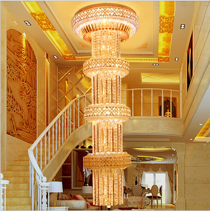 d600mm h2000mm s gold big luxury crystal chandelier k9crystal for el lobby double floor crystal e14*30 led lamp