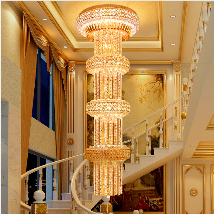 d600mm h2000mm s gold big luxury crystal chandelier k9crystal for el lobby double floor crystal e14*30 led lamp