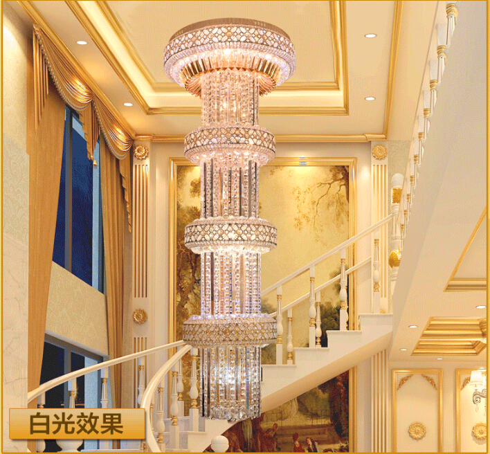 d600mm h2000mm s gold big luxury crystal chandelier k9crystal for el lobby double floor crystal e14*30 led lamp