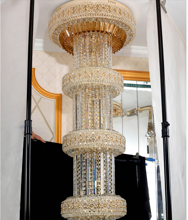 d600mm h2000mm s gold big luxury crystal chandelier k9crystal for el lobby double floor crystal e14*30 led lamp