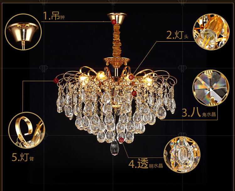 golden and chrome ac100-240v romantic chandelier pendant lamp k9 golden crystal penadnt lamp guaranteed