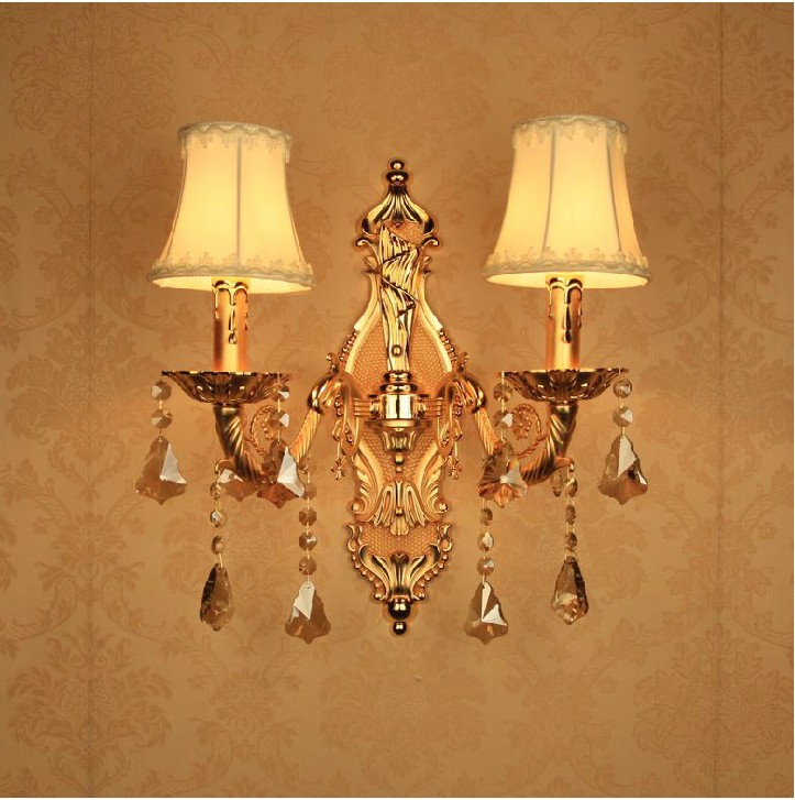 golden style double heads european crystal wall lamp/ bedroom bedside wall lamp/ crystal candle wall lamp/