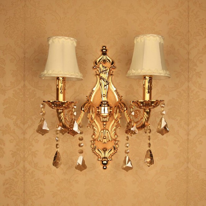 golden style double heads european crystal wall lamp/ bedroom bedside wall lamp/ crystal candle wall lamp/