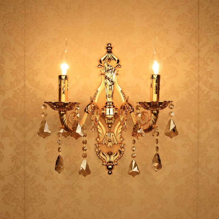 golden style double heads european crystal wall lamp/ bedroom bedside wall lamp/ crystal candle wall lamp/