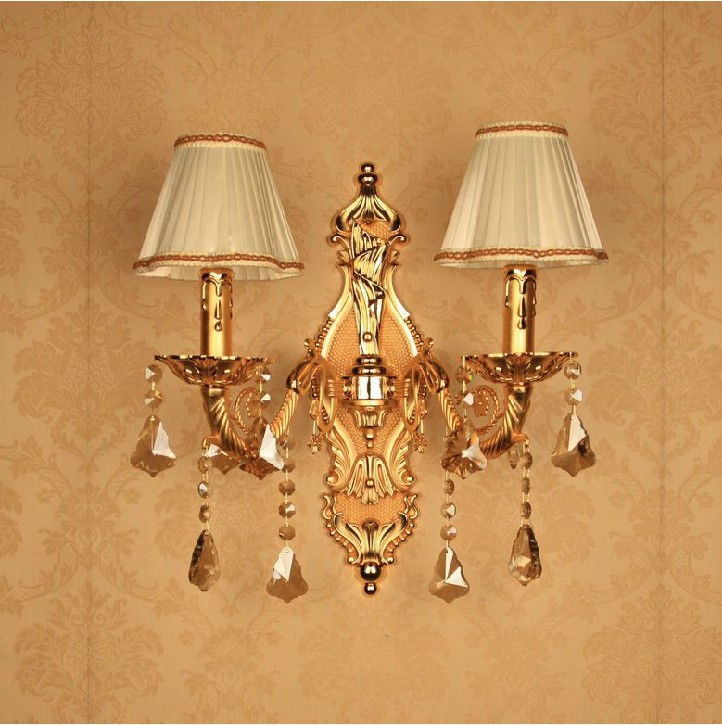 golden style double heads european crystal wall lamp/ bedroom bedside wall lamp/ crystal candle wall lamp/