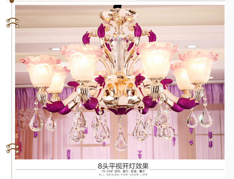 modern decoration purple alloy crystal chandelier lingting 6l/8l/10l k9 crystal lamp lustre ac guaranteed