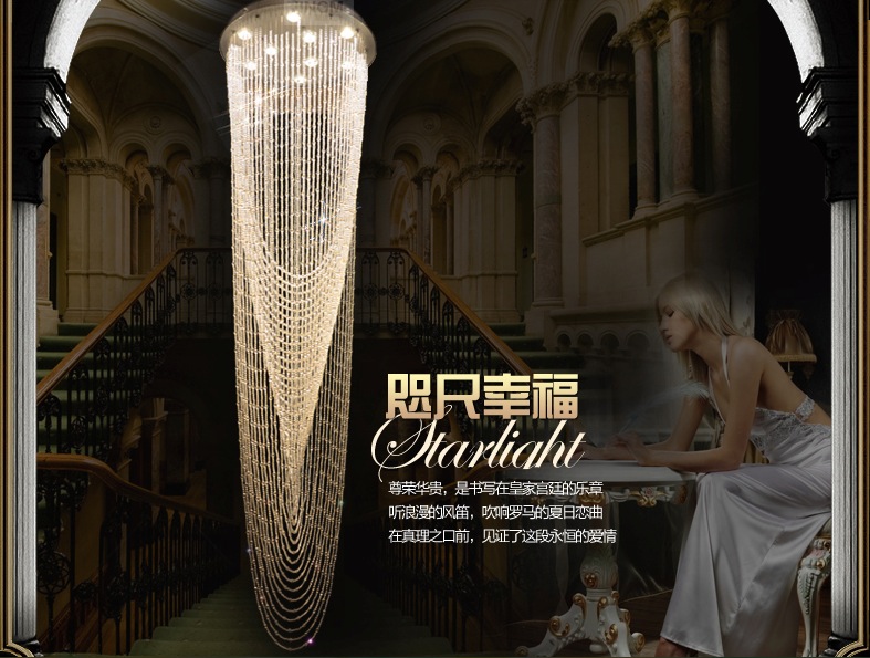 modern long crystals pendant lamp d400mm/d500mm/d600mm lustres stair lighting fixtures guaranteed