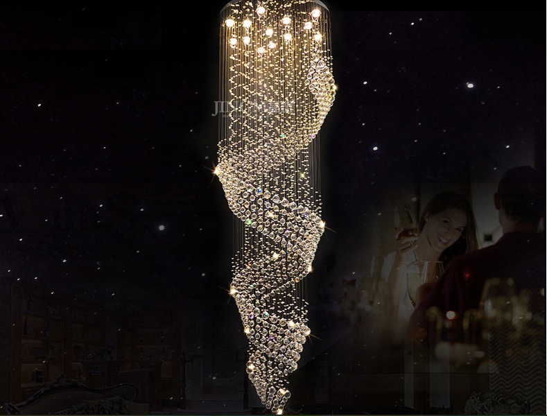 modern long spiral crystal chandelier lighting fixture crystal lustre, staircase lamp, stairs, foyer large crystal stair light