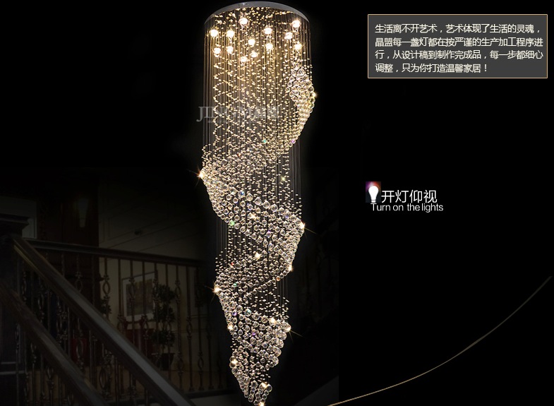 modern long spiral crystal chandelier lighting fixture crystal lustre, staircase lamp, stairs, foyer large crystal stair light