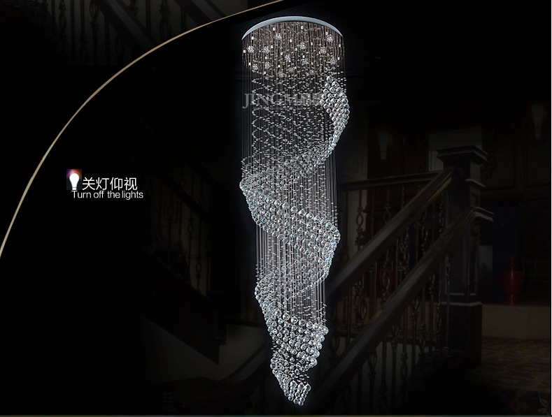 modern long spiral crystal chandelier lighting fixture crystal lustre, staircase lamp, stairs, foyer large crystal stair light