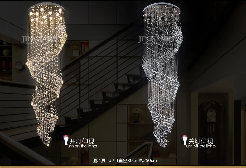 modern long spiral crystal chandelier lighting fixture crystal lustre, staircase lamp, stairs, foyer large crystal stair light