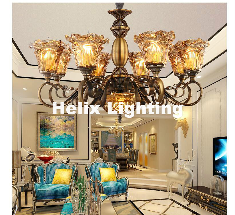 newly brass color chandelier lamp, 5/6/8/10 heads lights, modern decora glass ac 110v/220v e14 led guaranteed