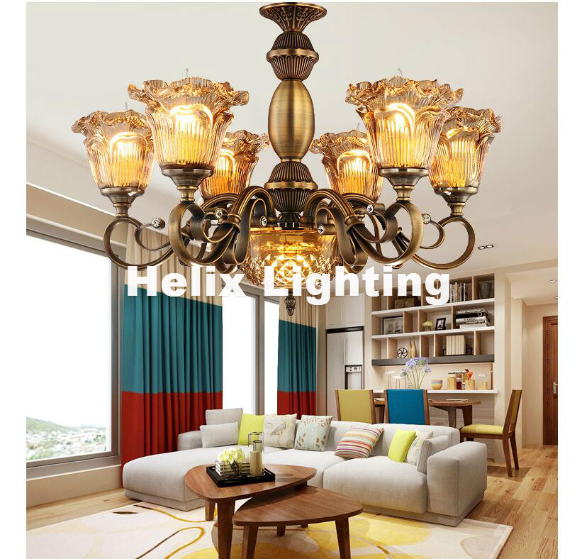 newly brass color chandelier lamp, 5/6/8/10 heads lights, modern decora glass ac 110v/220v e14 led guaranteed