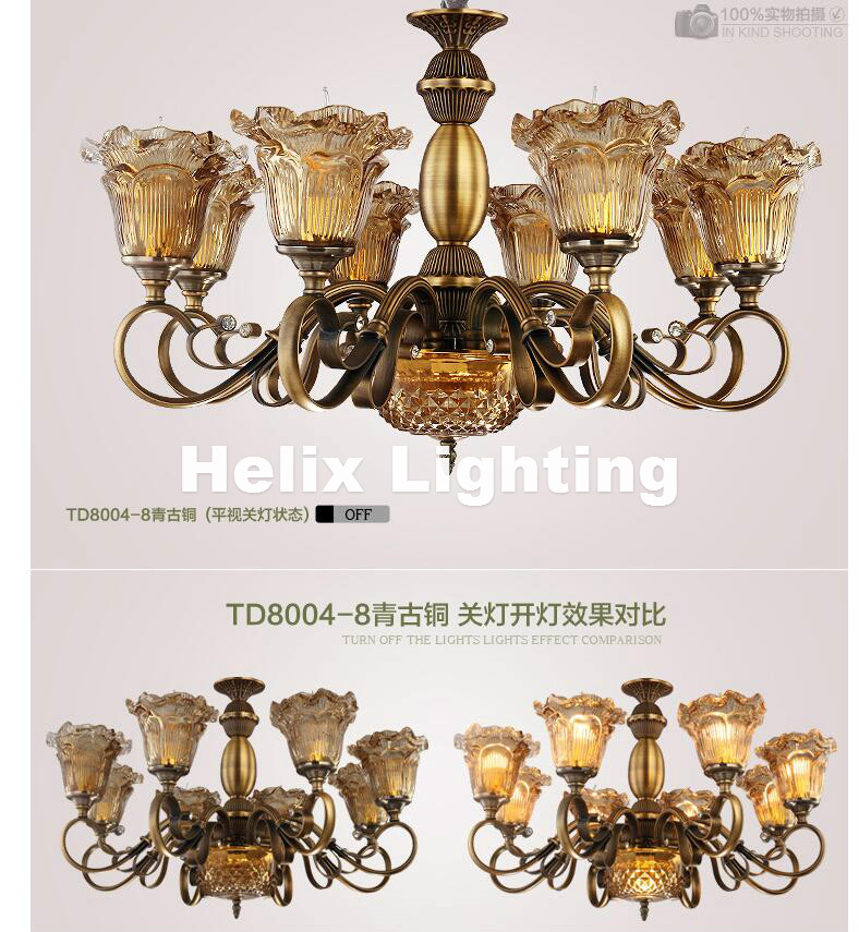 newly brass color chandelier lamp, 5/6/8/10 heads lights, modern decora glass ac 110v/220v e14 led guaranteed